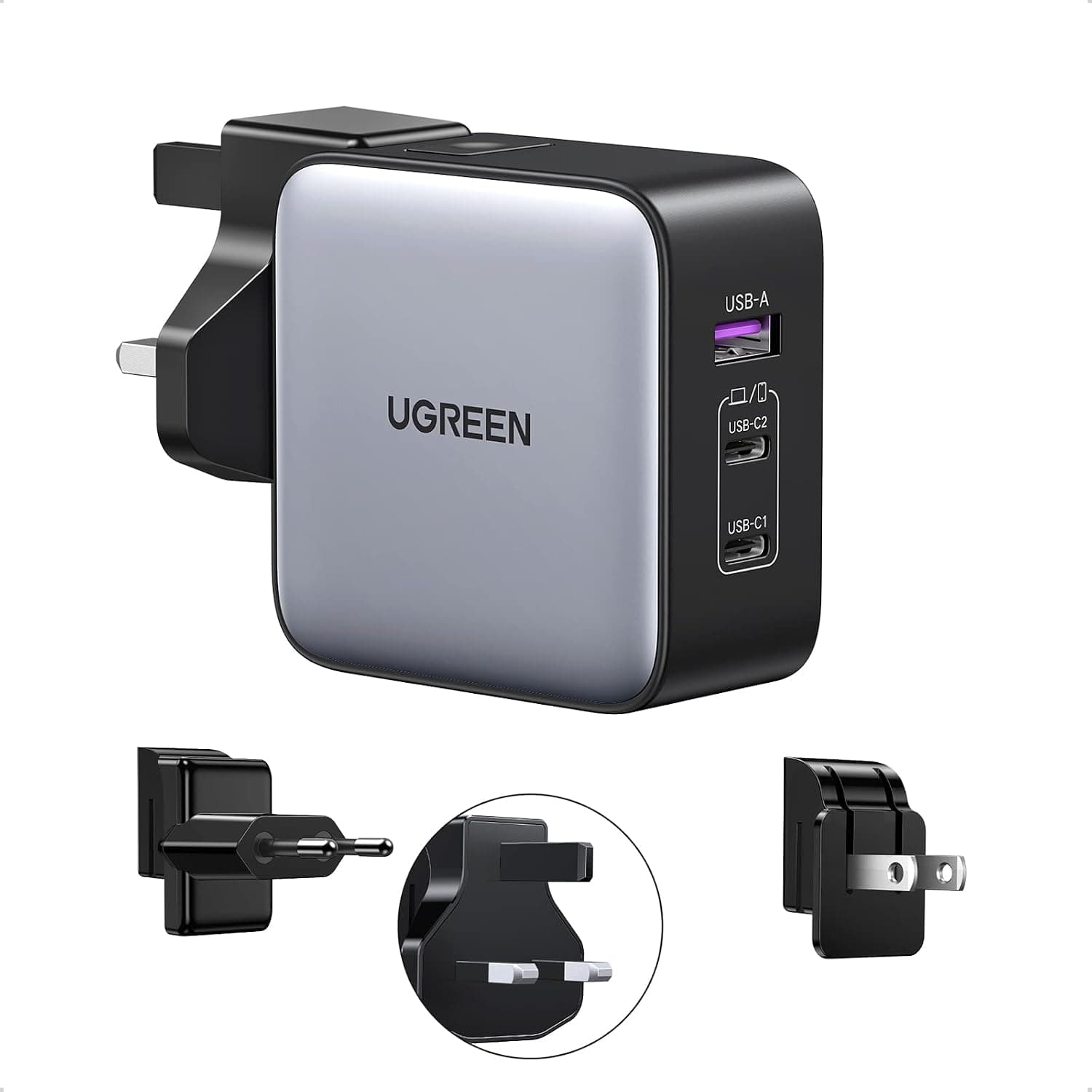 UGREEN Nexode 65W travel charger with US, UK, and EU plug heads